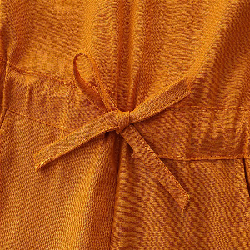 Girls Orange Round Neck Waist Tie-Ups Cotton Basic Jumpsuit