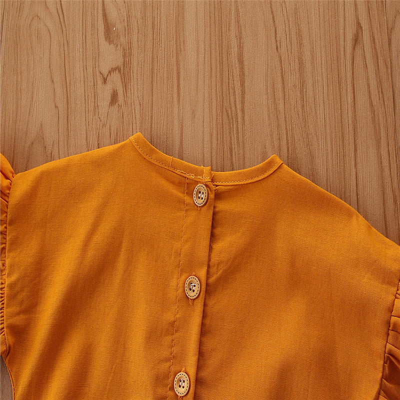 Girls Orange Round Neck Waist Tie-Ups Cotton Basic Jumpsuit