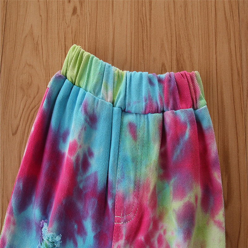 Girls Blue & Pink Abstract Printed Flared Jeans