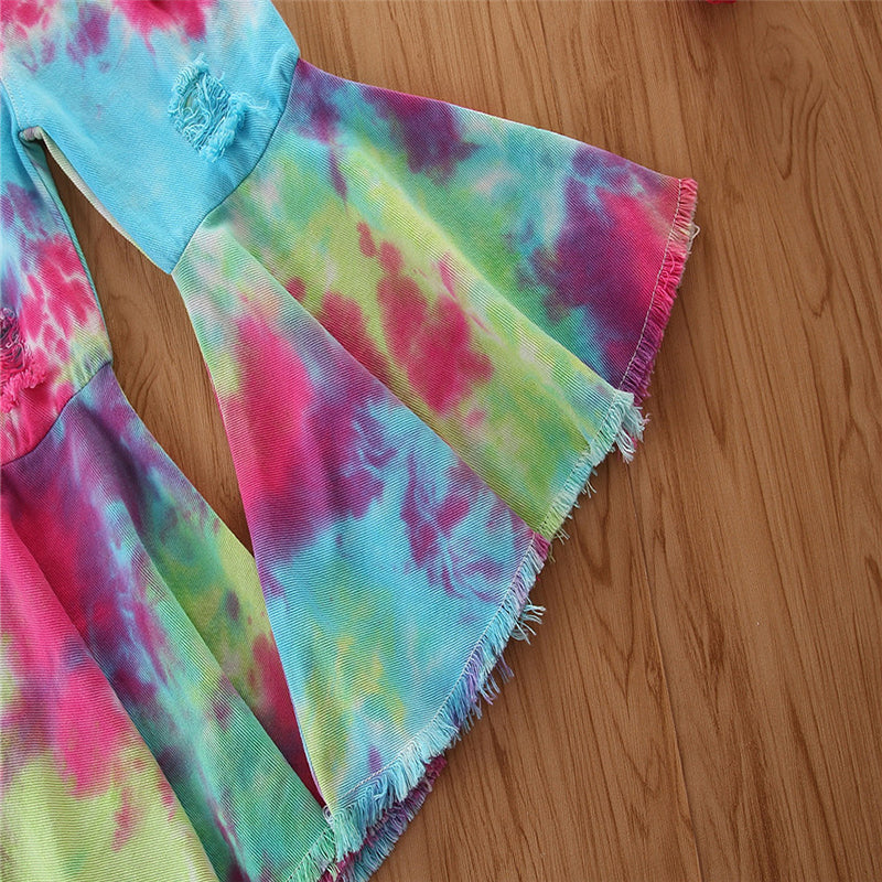 Girls Blue & Pink Abstract Printed Flared Jeans