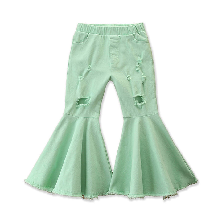 Girls Green Flared Mid-Rise Mildly Distressed Jeans