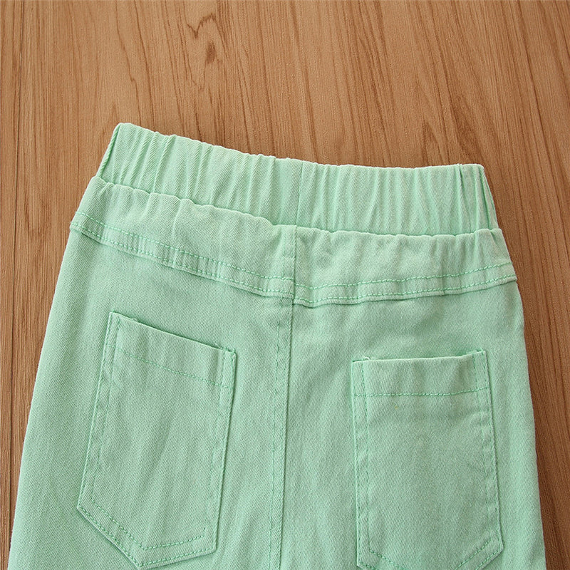 Girls Green Flared Mid-Rise Mildly Distressed Jeans