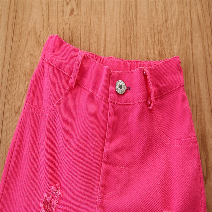 Girls Fuchsia Mildly Distressed Bootcut Jeans