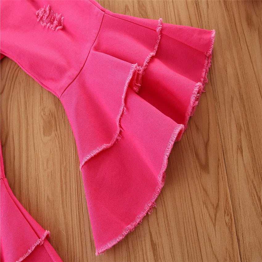 Girls Fuchsia Mildly Distressed Bootcut Jeans