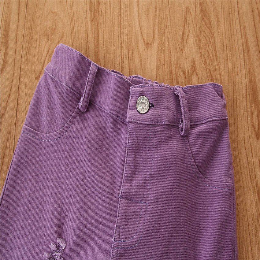 Girls Purple Mid Rise Mildly Distressed Flared Jeans