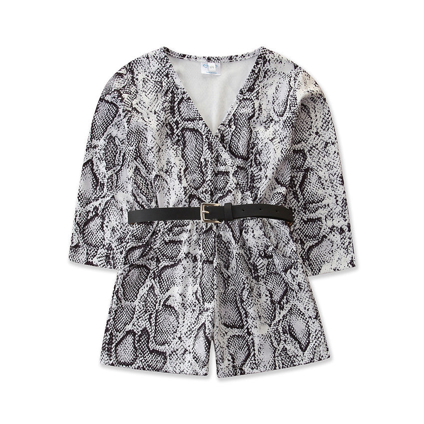 Girls Grey Animal Printed Belted Cotton Playsuit