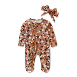Infants Brown & White Printed Cotton Sleepsuit