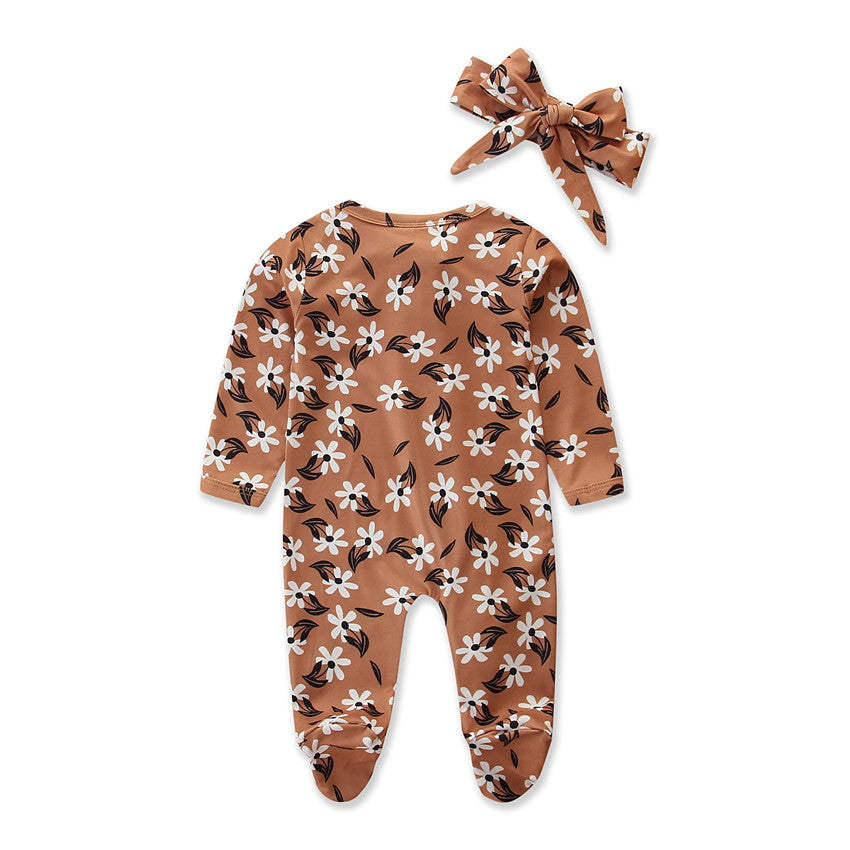 Infants Brown & White Printed Cotton Sleepsuit
