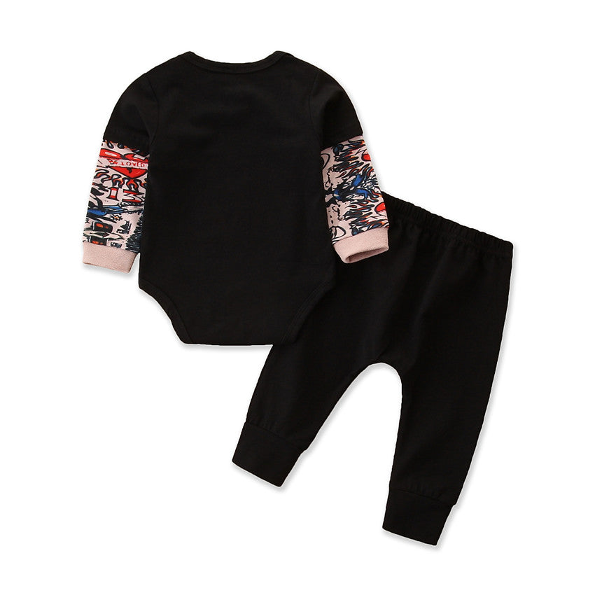 Girls Black Printed Bodysuit with Pyjamas