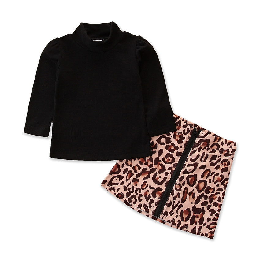 Girls Black & Brown T-shirt With Printed Skirt