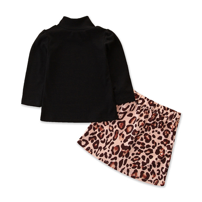 Girls Black & Brown T-shirt With Printed Skirt