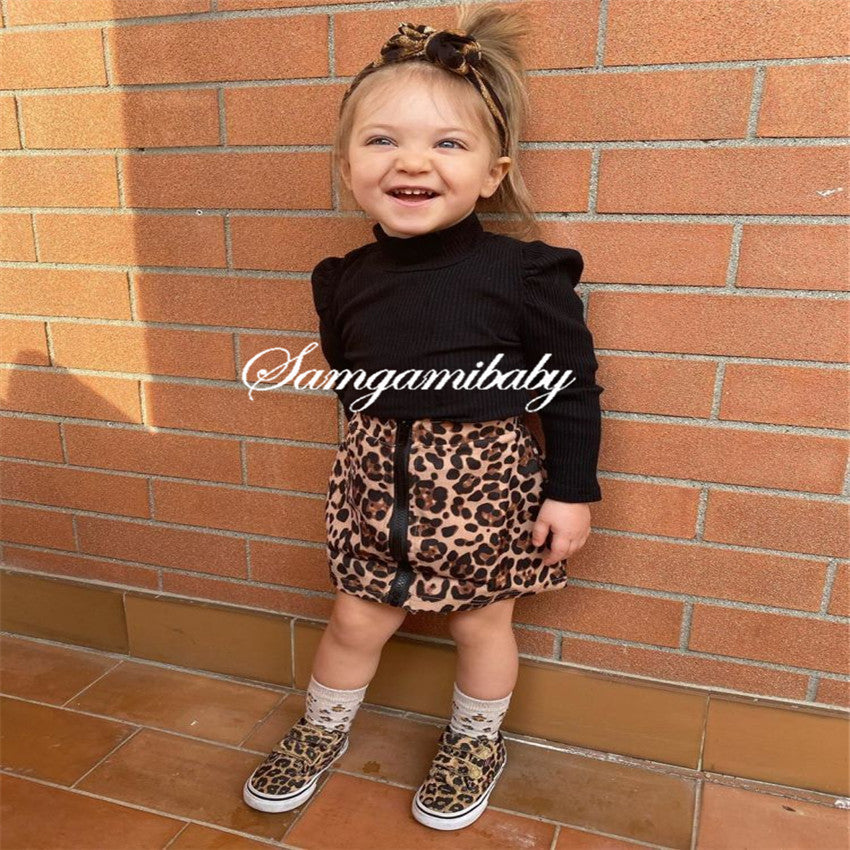 Girls Black & Brown T-shirt With Printed Skirt