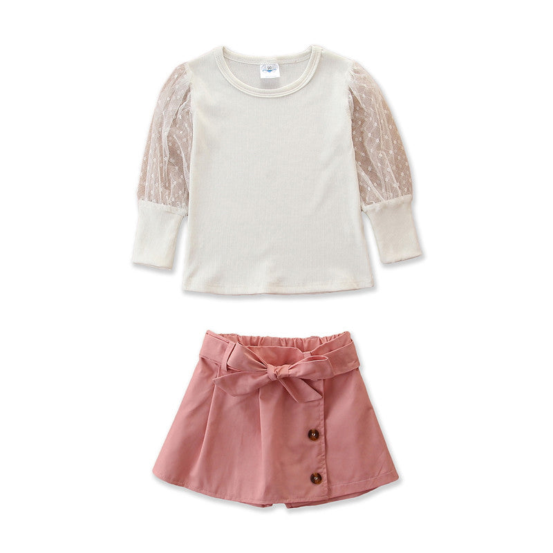 Girls White Puff Sleeves Top with Skirt