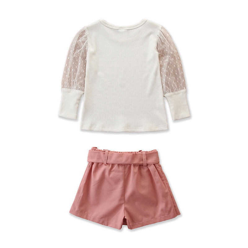 Girls White Puff Sleeves Top with Skirt