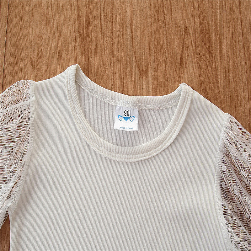 Girls White Puff Sleeves Top with Skirt