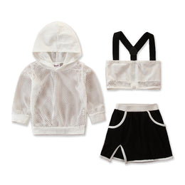 Girls White & Black Hooded T Shirt With Coat & Skirt