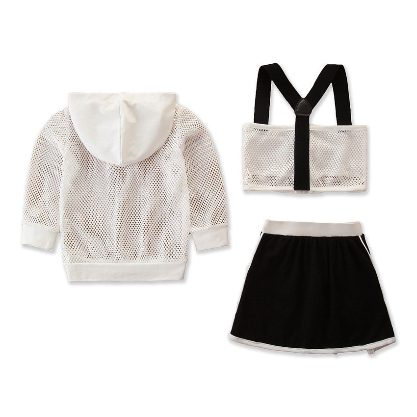 Girls White & Black Hooded T Shirt With Coat & Skirt