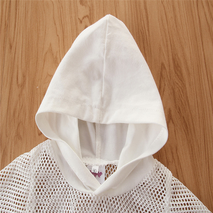 Girls White & Black Hooded T Shirt With Coat & Skirt
