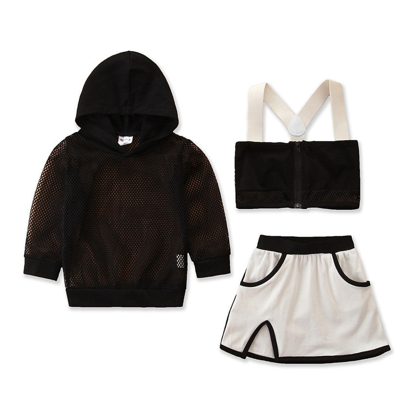 Girls Black & White Sweatshirt With Skirt & Top