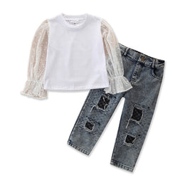Girls White & Grey Top With Jeans