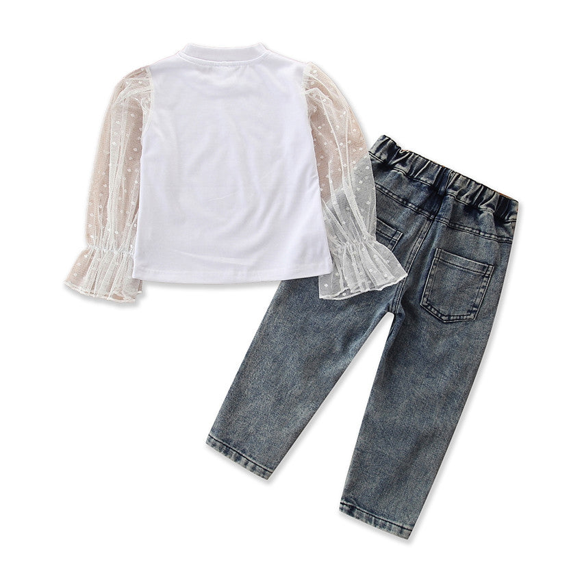 Girls White & Grey Top With Jeans