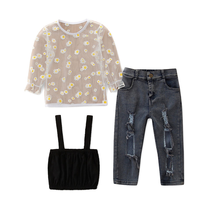 Girls Beige & Blue Printed Tops With Trousers