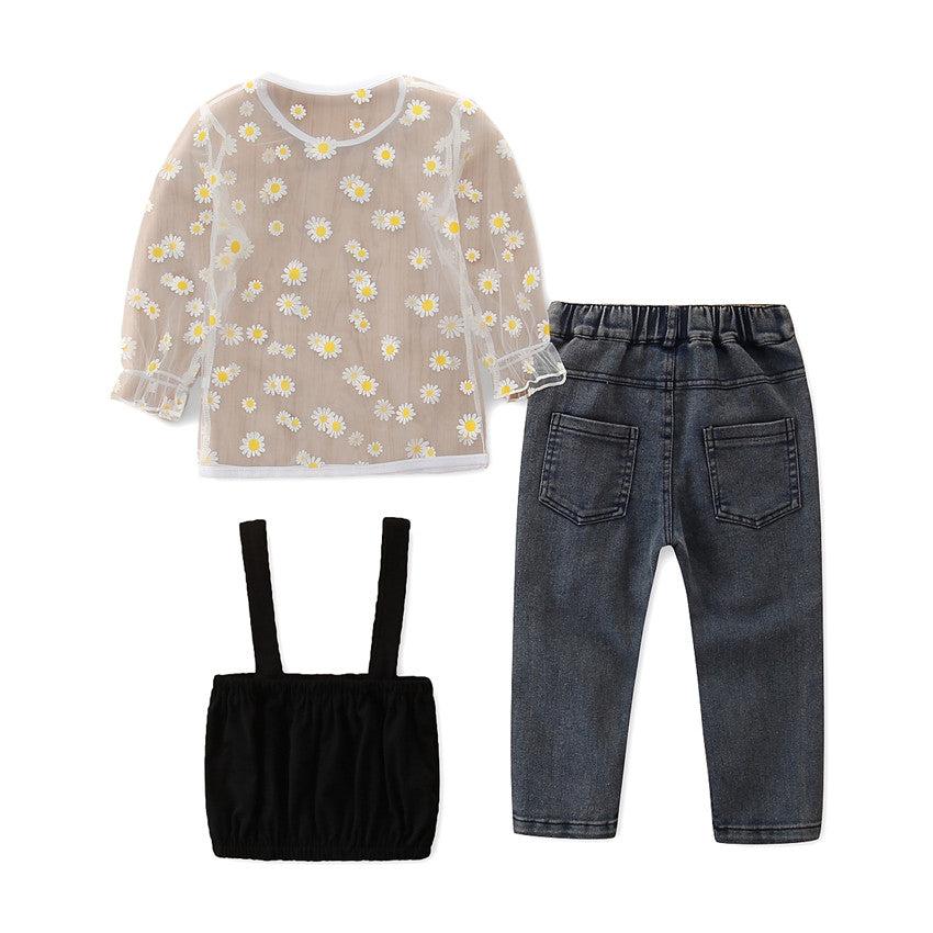 Girls Beige & Blue Printed Tops With Trousers