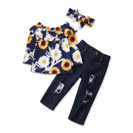 Girls Blue Floral Printed Pure Cotton Top With Trousers