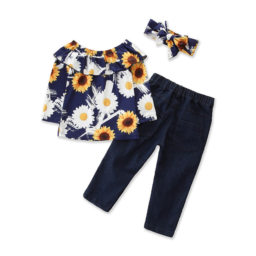 Girls Blue Floral Printed Pure Cotton Top With Trousers