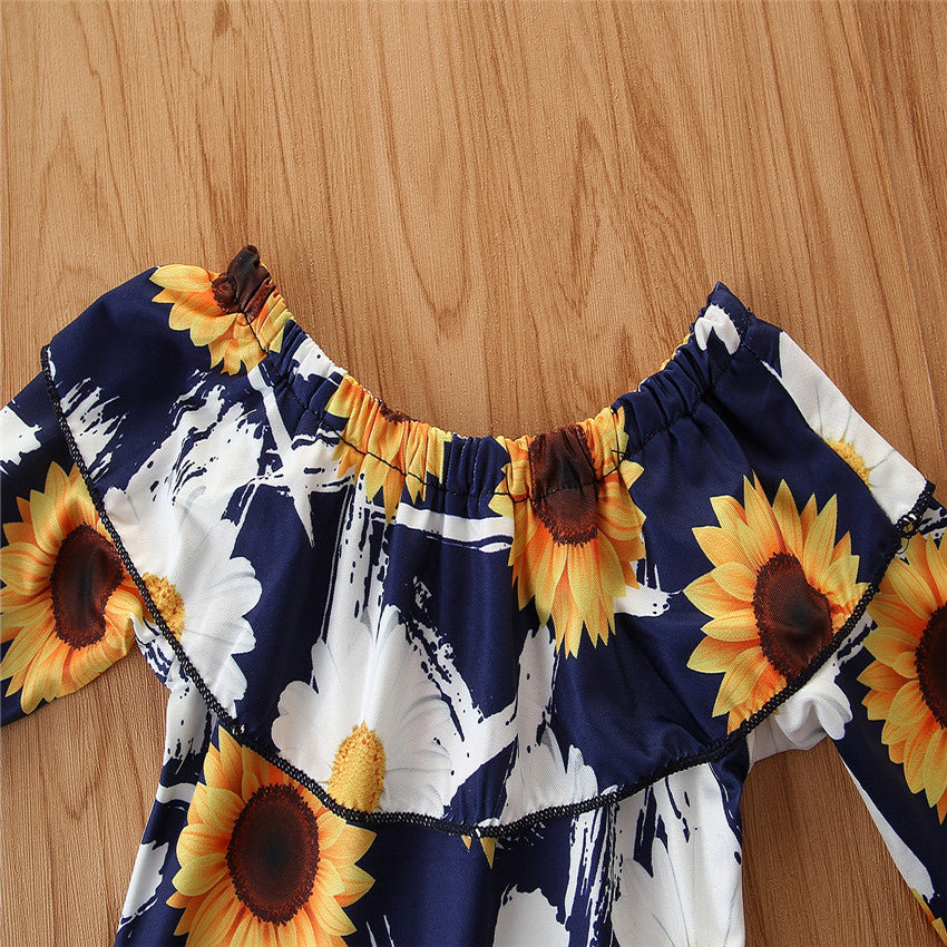 Girls Blue Floral Printed Pure Cotton Top With Trousers