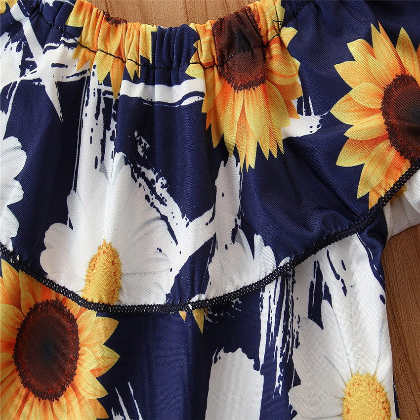 Girls Blue Floral Printed Pure Cotton Top With Trousers