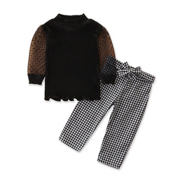 Girls Black Self Design Top with Trousers