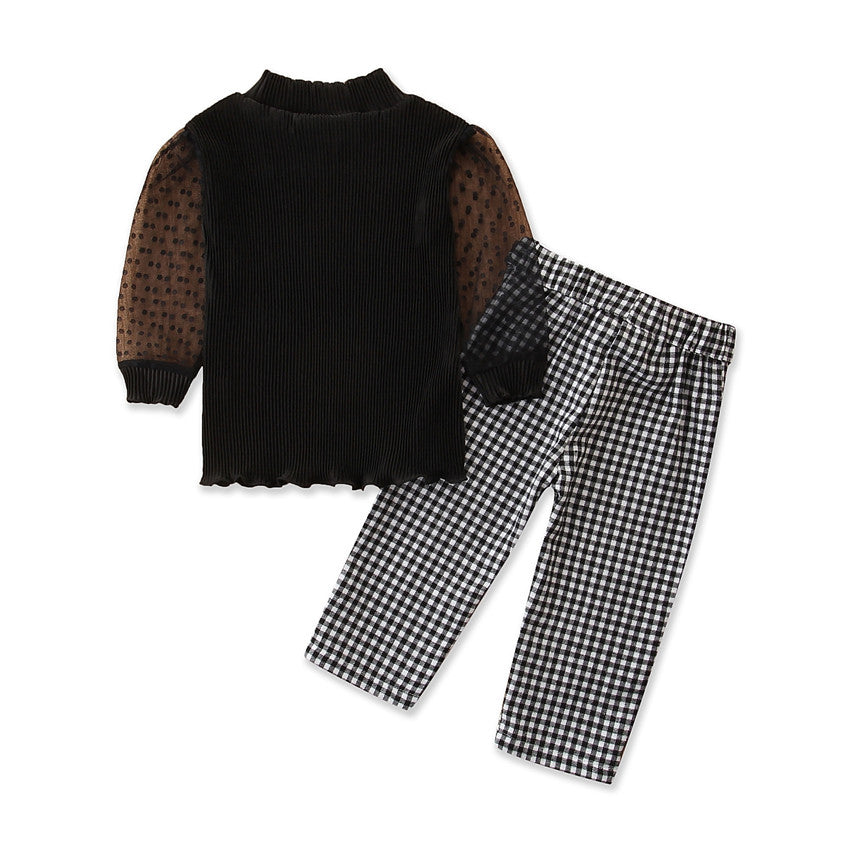 Girls Black Self Design Top with Trousers