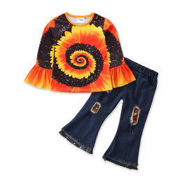 Girls Orange, Yellow & Black Printed Top with Palazzos
