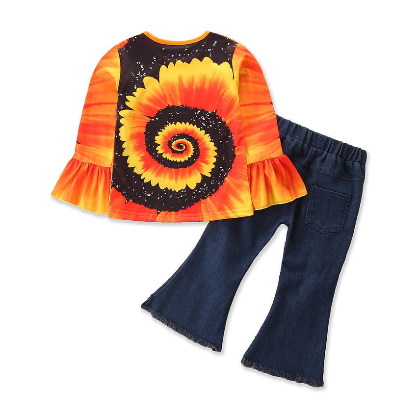 Girls Orange, Yellow & Black Printed Top with Palazzos