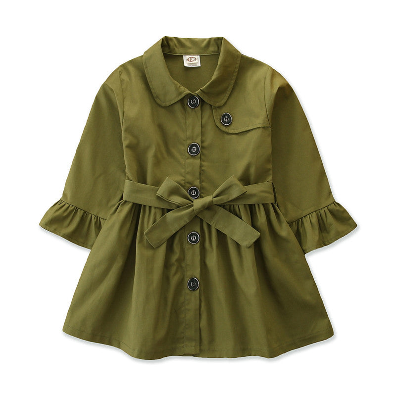 Girls Green Spread Collar Regular Fit Cotton Trench Coat