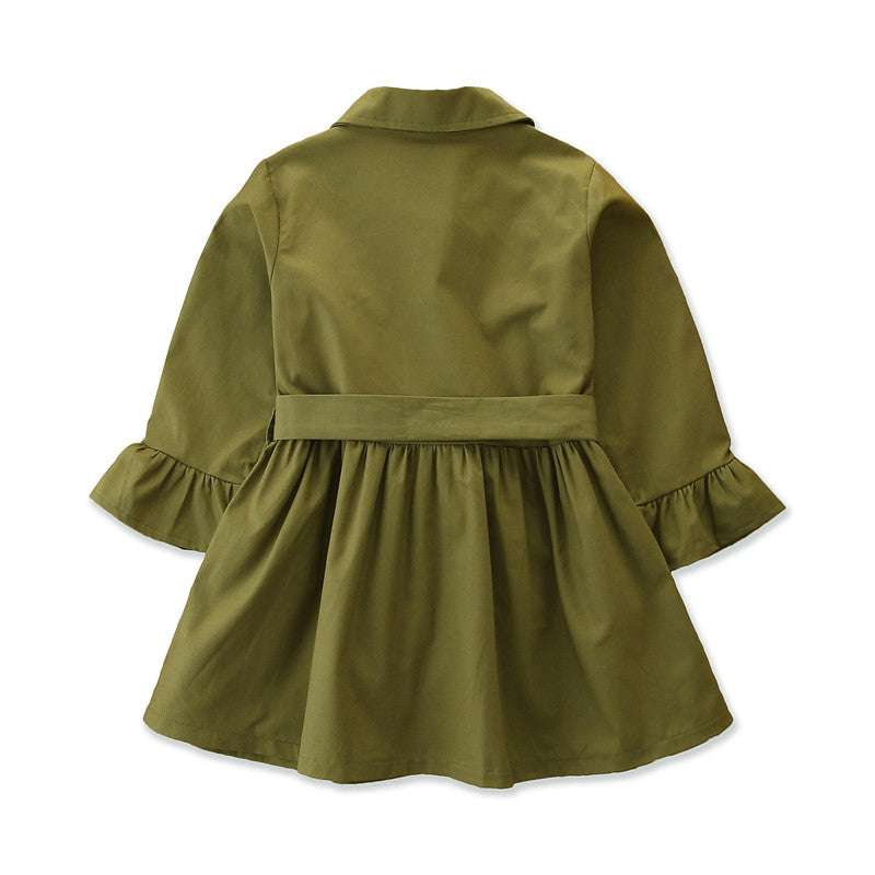 Girls Green Spread Collar Regular Fit Cotton Trench Coat