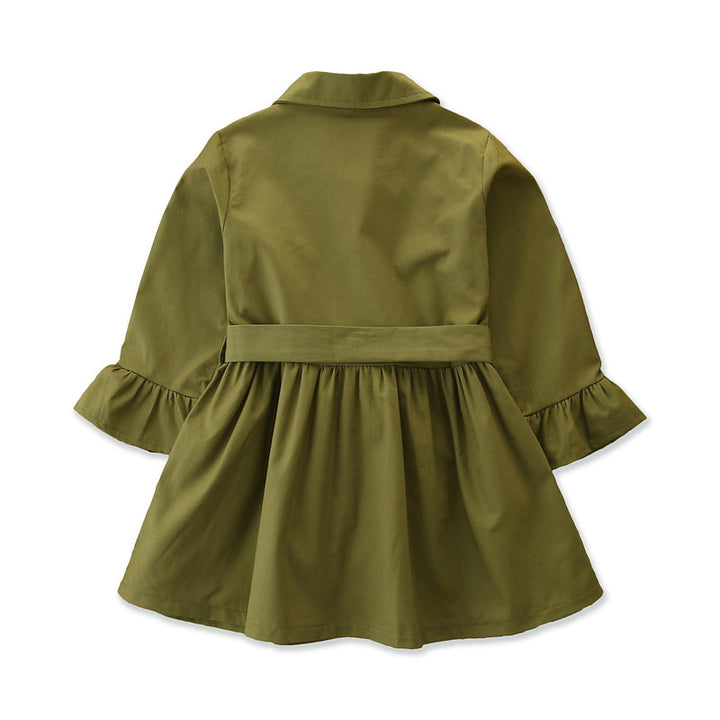 Girls Green Spread Collar Regular Fit Cotton Trench Coat