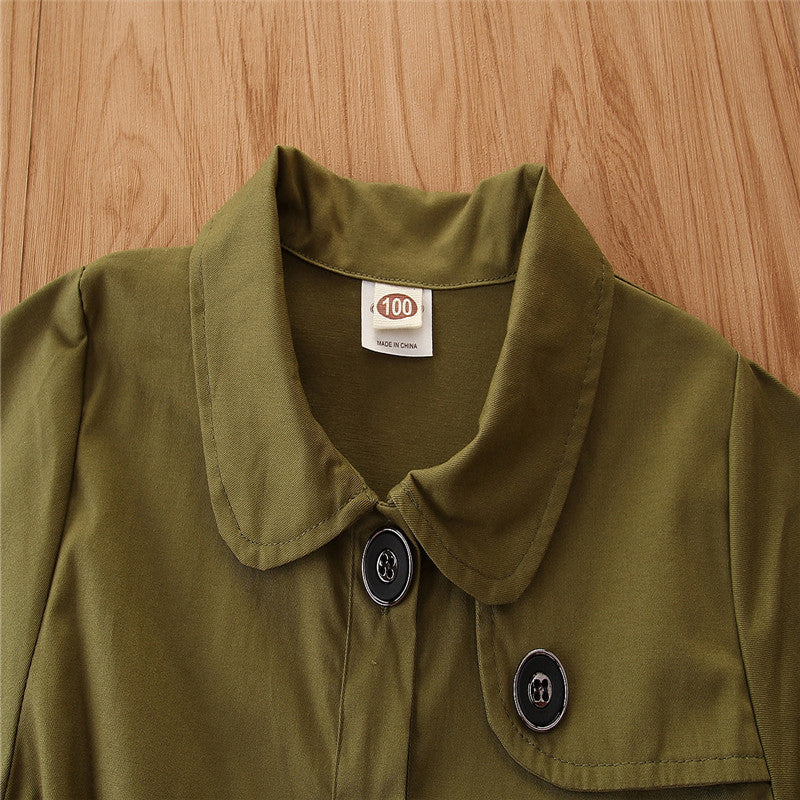 Girls Green Spread Collar Regular Fit Cotton Trench Coat