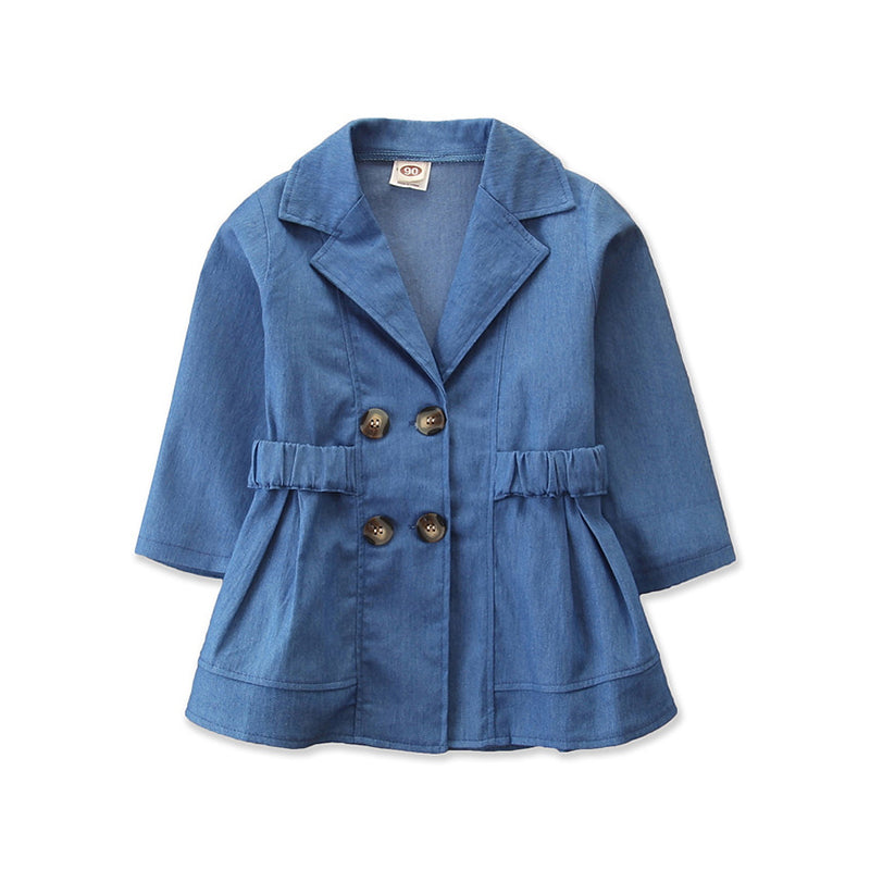 Girls Blue Shawl Collar Double-Breasted Regular Fit Trench Coat