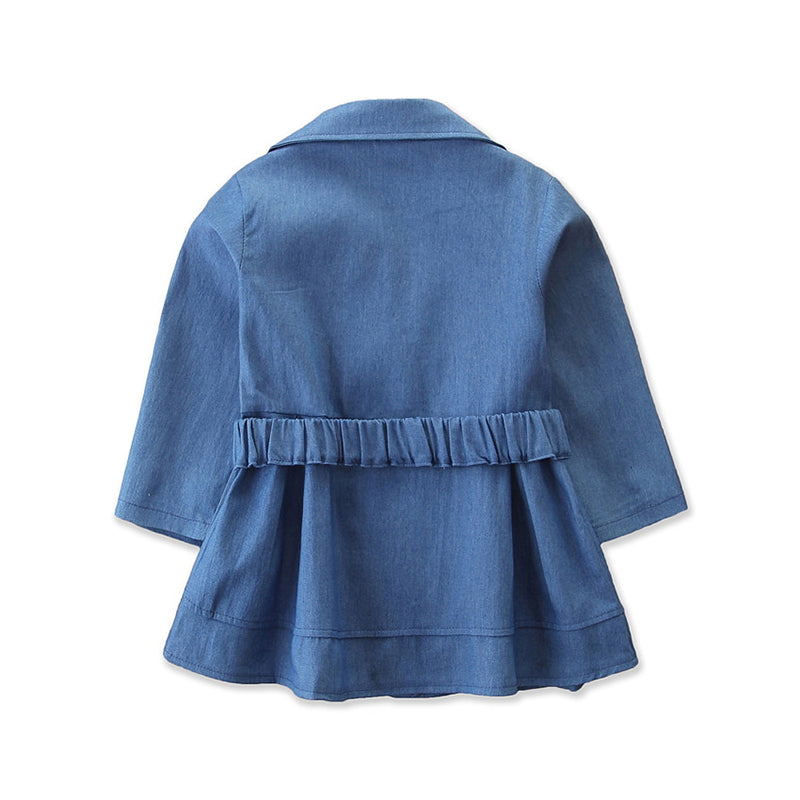 Girls Blue Shawl Collar Double-Breasted Regular Fit Trench Coat