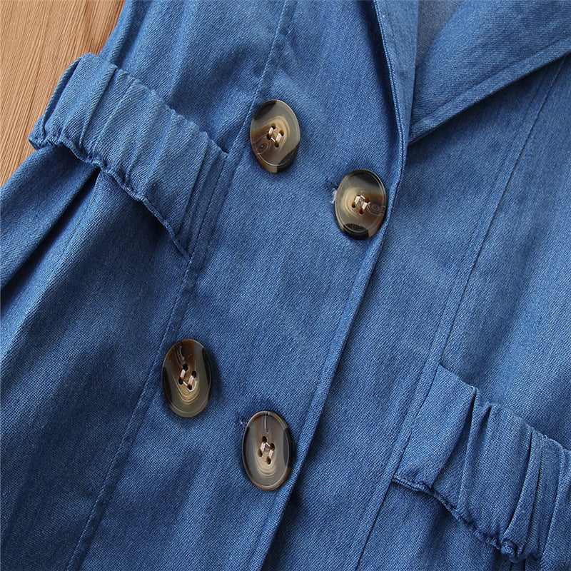Girls Blue Shawl Collar Double-Breasted Regular Fit Trench Coat