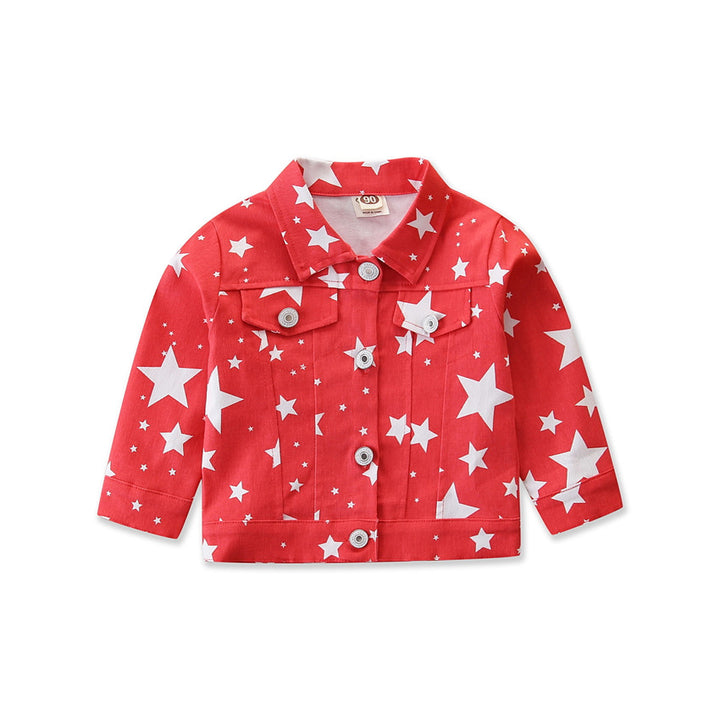 Girls Red Geometric Printed Spread Collar Long Sleeves Cotton Denim Jacket
