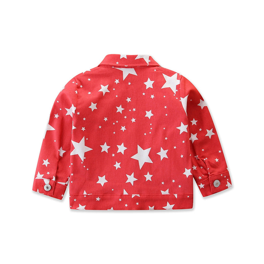 Girls Red Geometric Printed Spread Collar Long Sleeves Cotton Denim Jacket