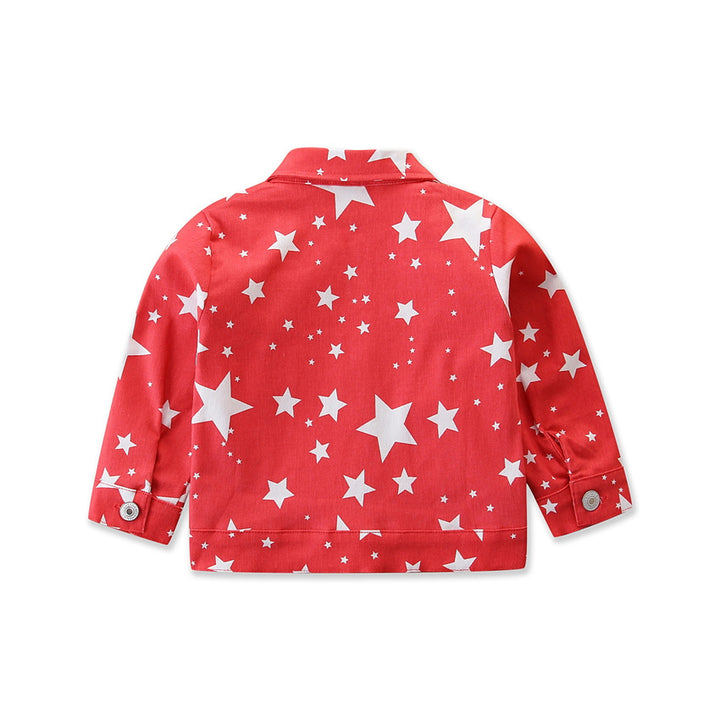 Girls Red Geometric Printed Spread Collar Long Sleeves Cotton Denim Jacket