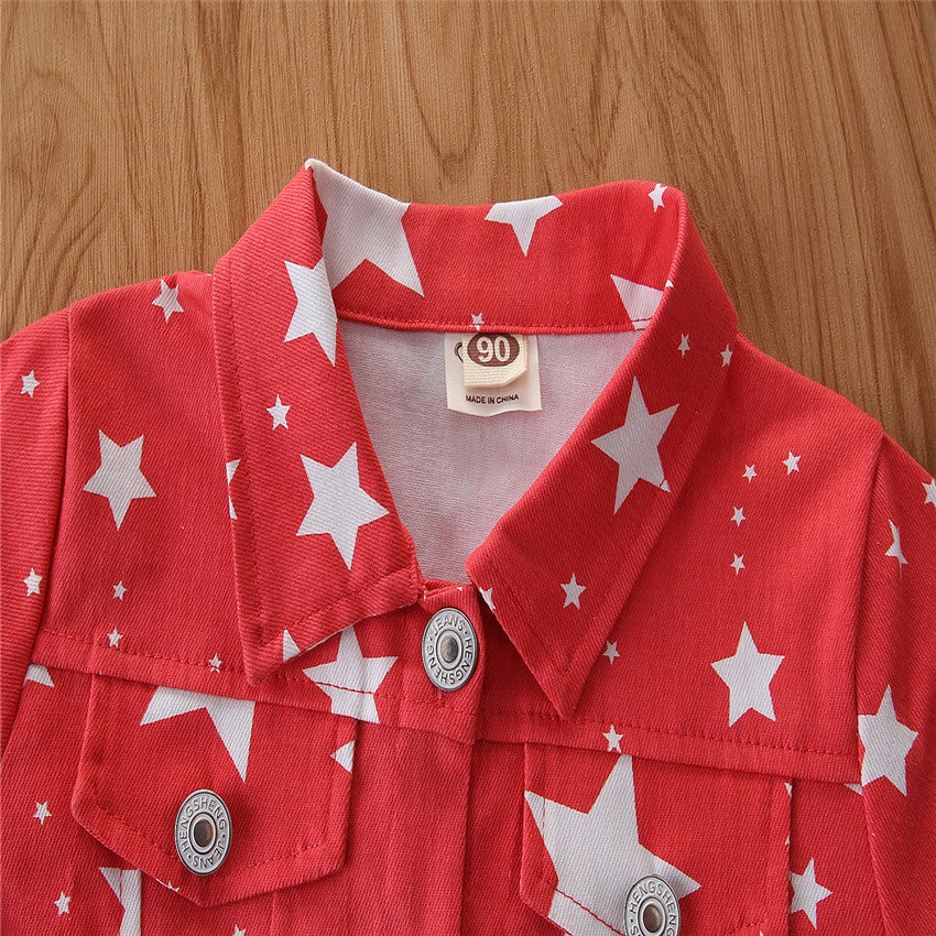 Girls Red Geometric Printed Spread Collar Long Sleeves Cotton Denim Jacket