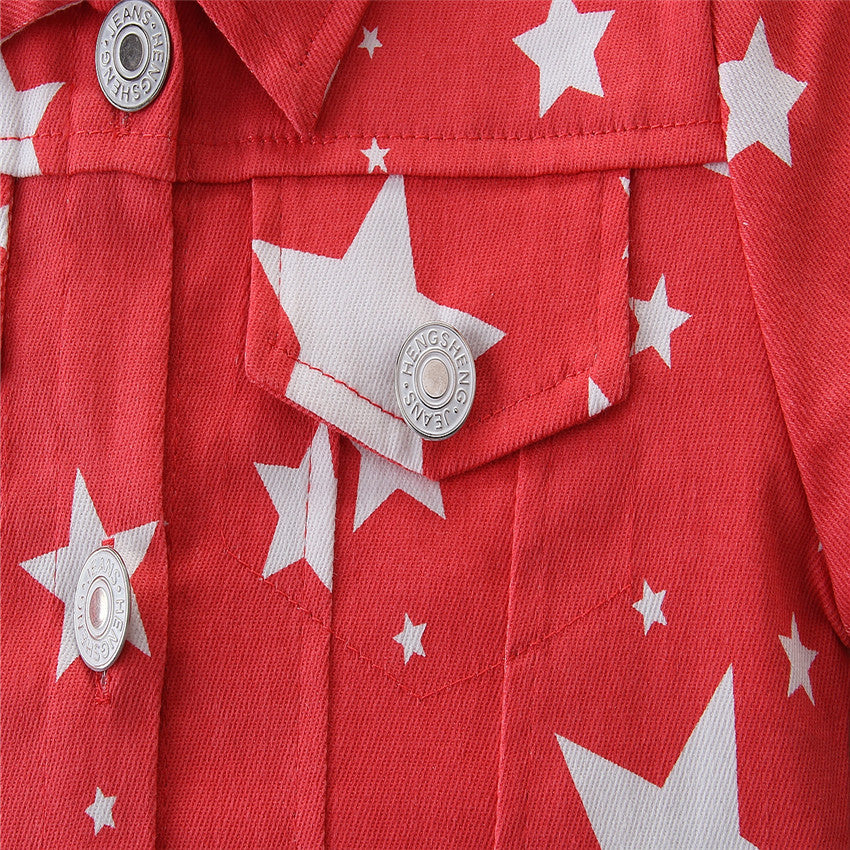 Girls Red Geometric Printed Spread Collar Long Sleeves Cotton Denim Jacket