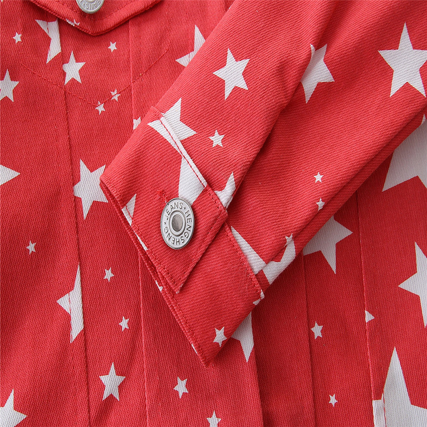 Girls Red Geometric Printed Spread Collar Long Sleeves Cotton Denim Jacket