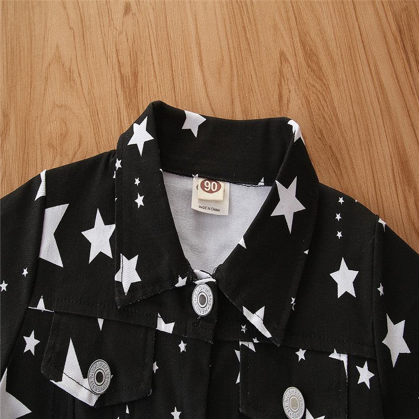Girls Black Graphic Printed Cotton Tailored Jacket