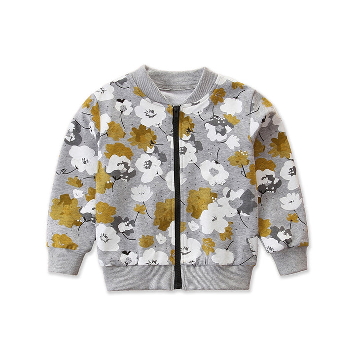 Girls Grey Floral Printed Insulator Cotton Bomber Jacket